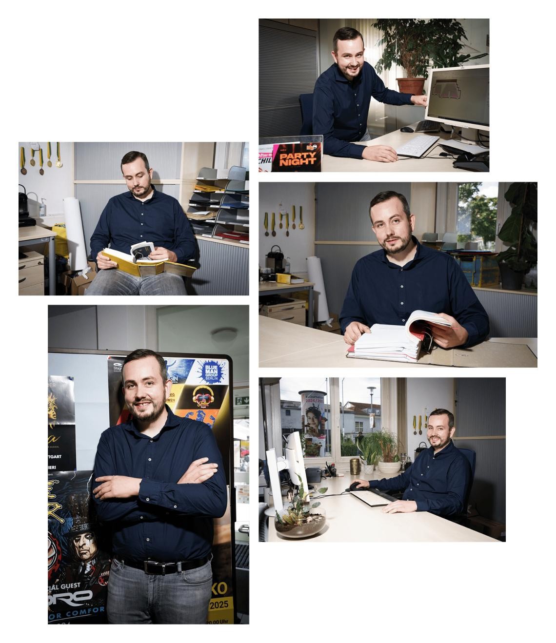Foto: DIE KAVALLERIE GmbH Collage von fünf Bildern. Dort werden die Arbeitsbereiche des Mannes gezeigt.