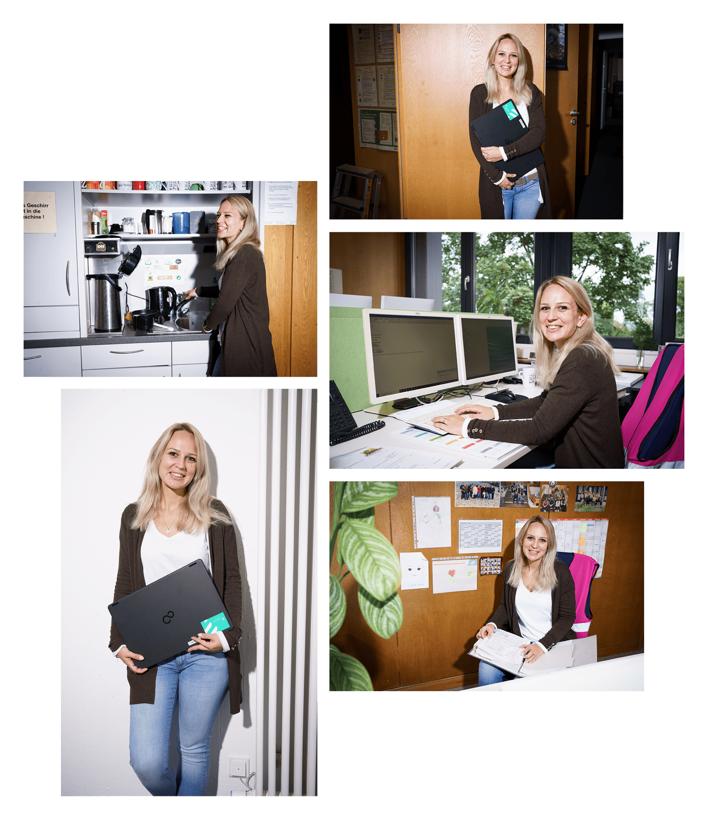 Collage von fünf Bildern. Dort werden die Arbeitsbereiche der Frau gezeigt. 