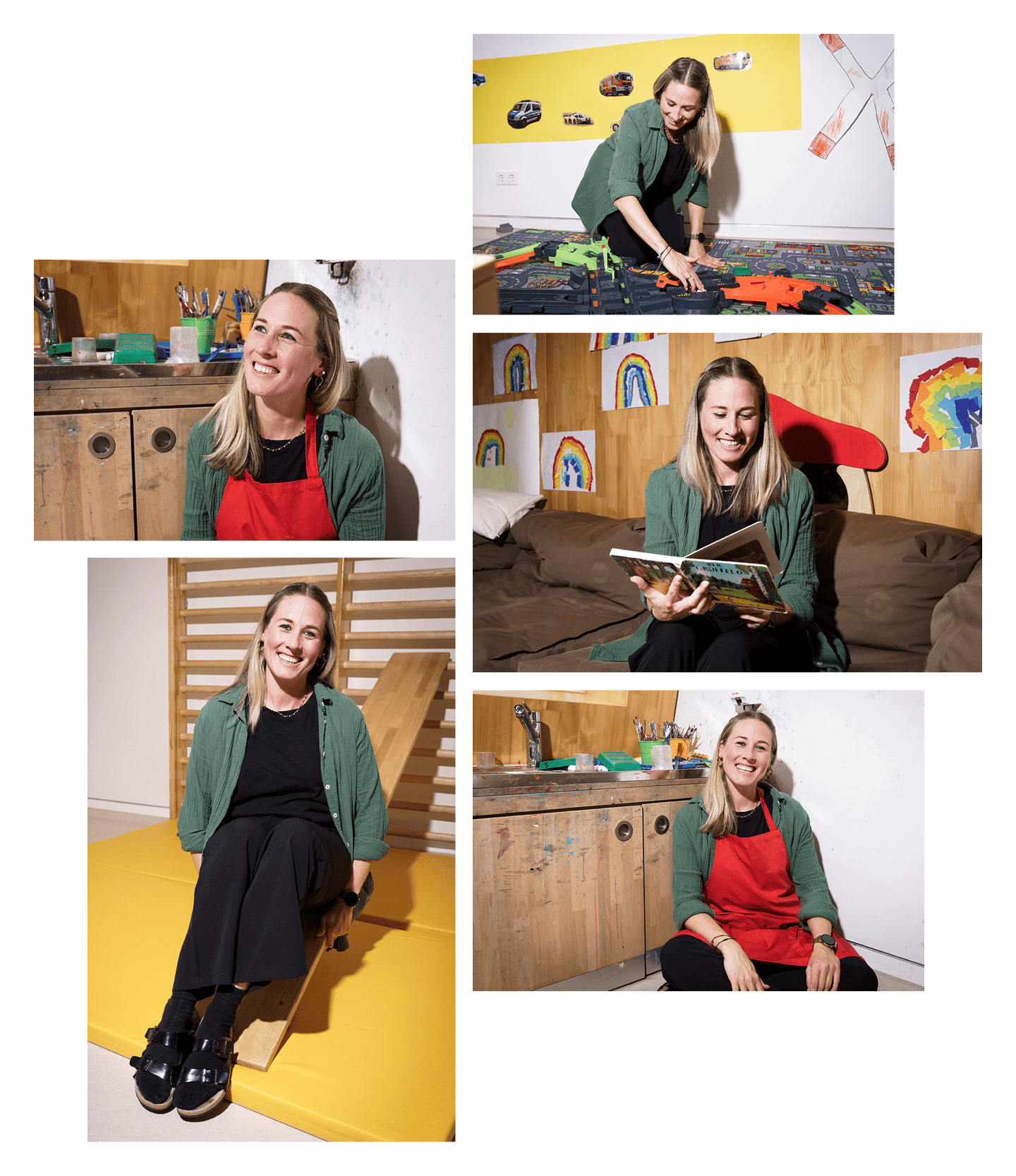 Collage von fünf Bildern. Dort werden die Arbeitsbereiche der Frau gezeigt. 