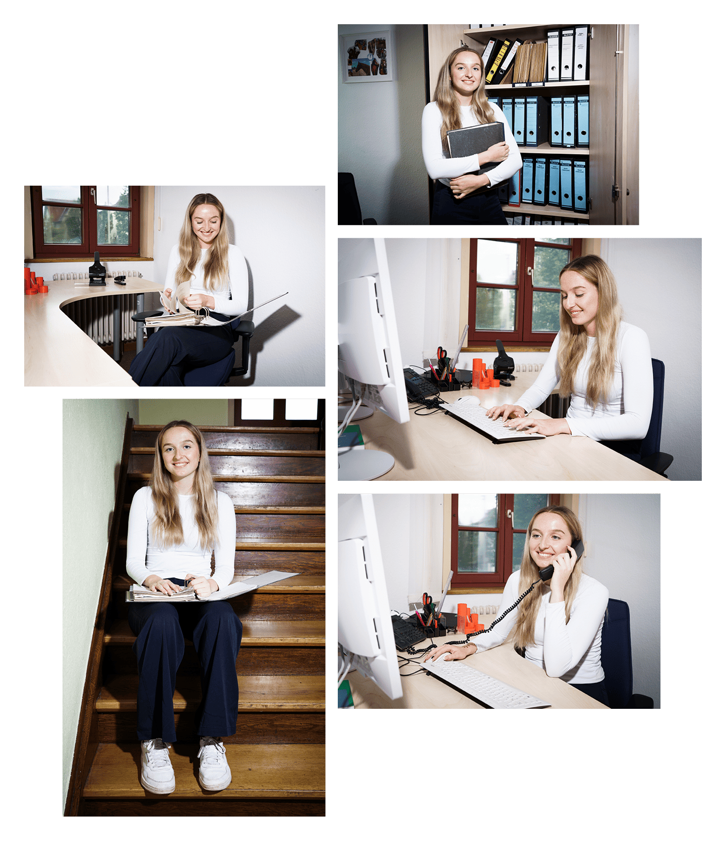 Collage von fünf Bildern. Dort werden die Arbeitsbereiche der Frau gezeigt. 