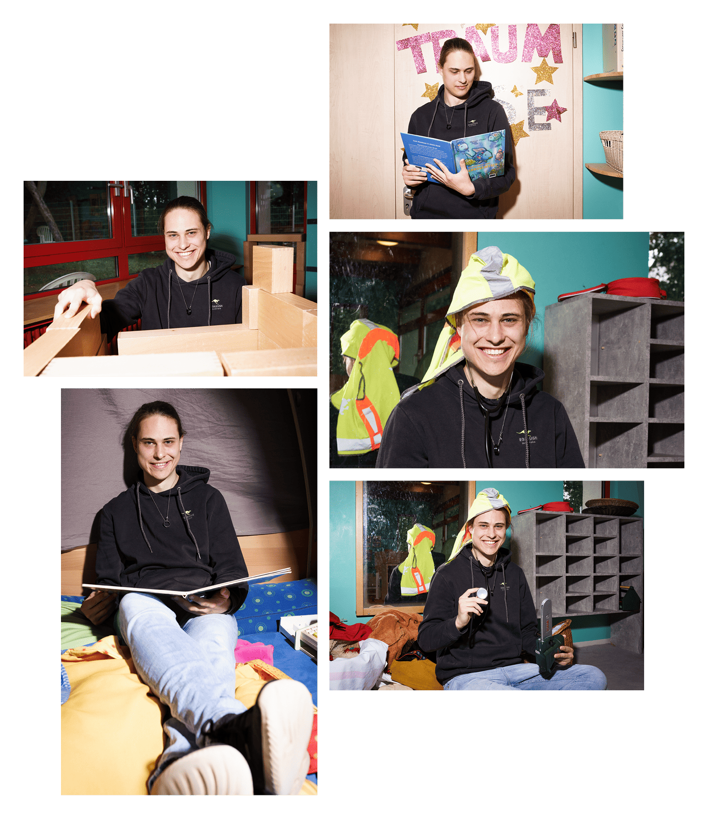 Collage von fünf Bildern. Dort werden die Arbeitsbereiche des Mannes gezeigt. 