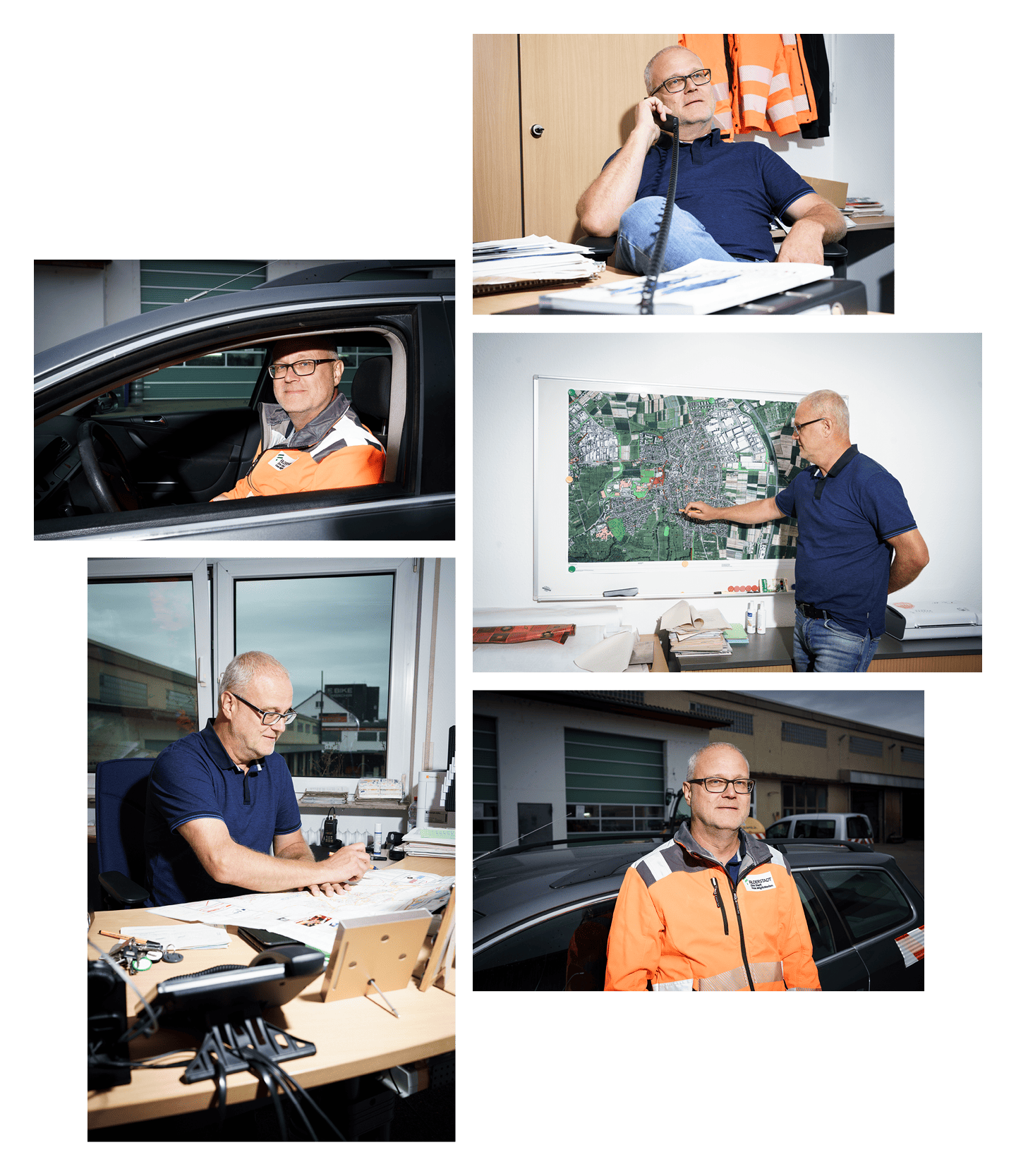 Collage von fünf Bildern. Dort werden die Arbeitsbereiche des Mannes gezeigt. 