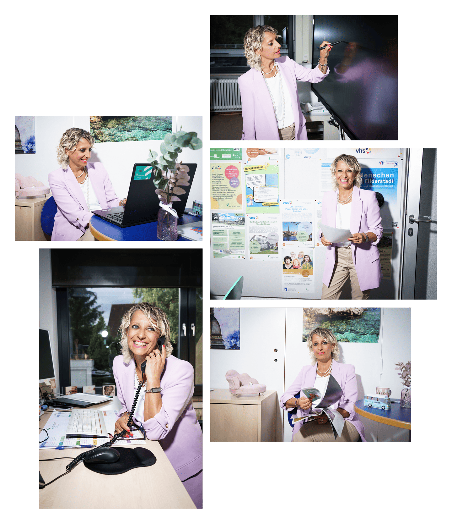 Collage von fünf Bildern. Dort werden die Arbeitsbereiche der Frau gezeigt. 