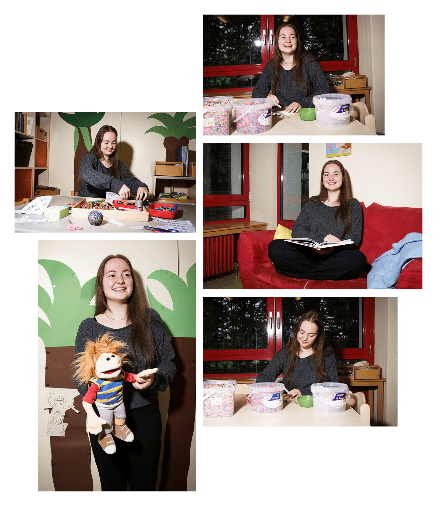 Collage von fünf Bildern. Dort werden die Arbeitsbereiche der Frau gezeigt. 