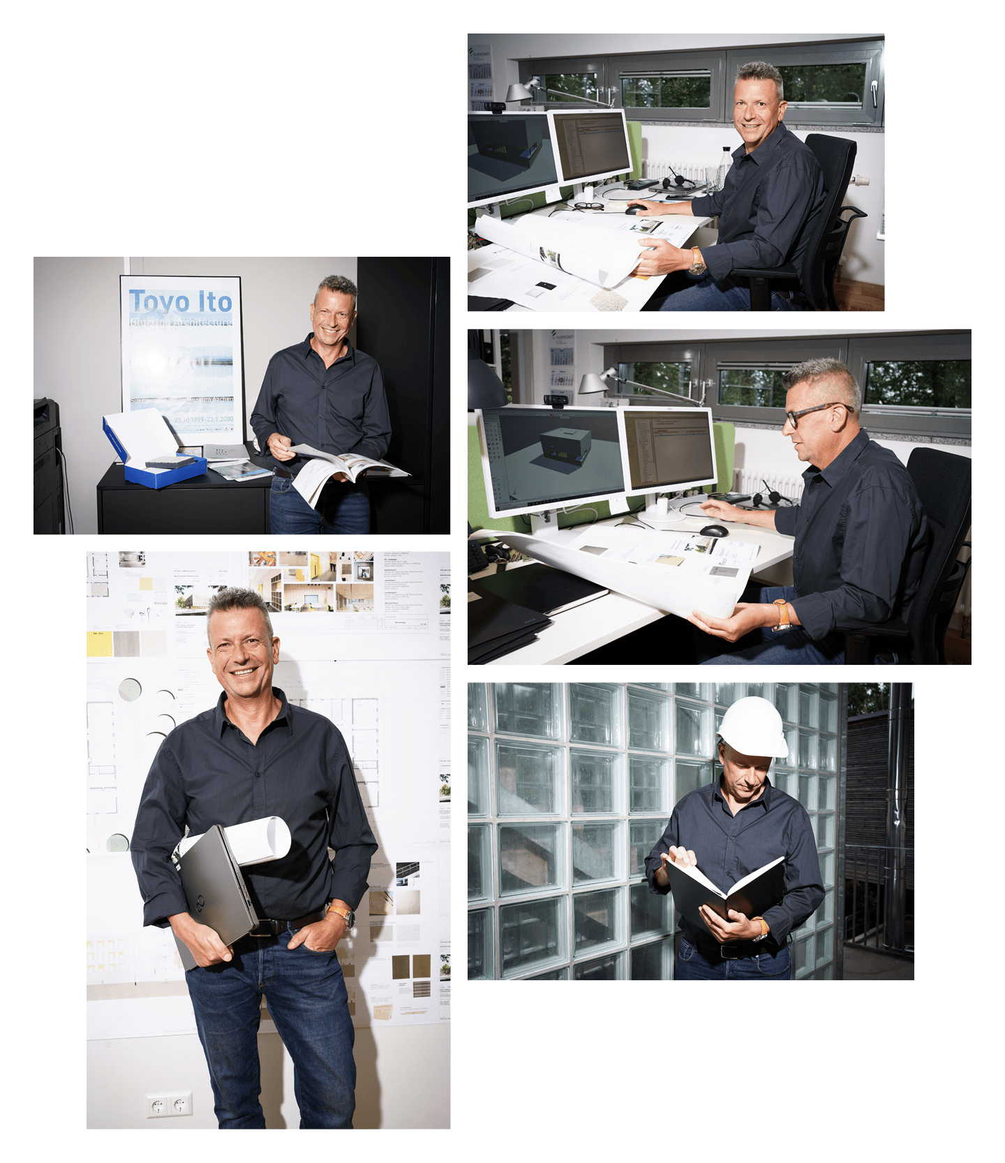 Collage von fünf Bildern. Dort werden die Arbeitsbereiche des Mannes gezeigt. 